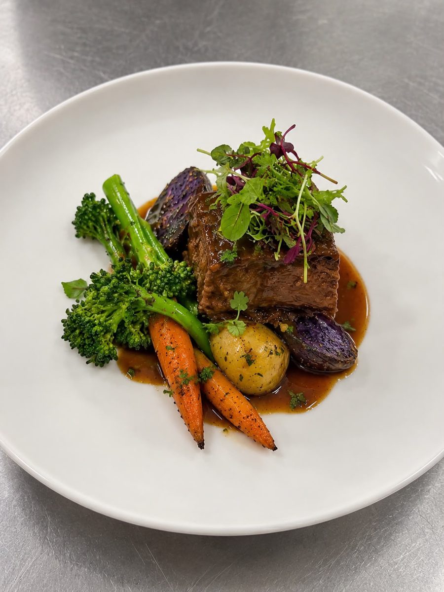 Braised short rib with heirloom carrots, broccolini and purple potatoes